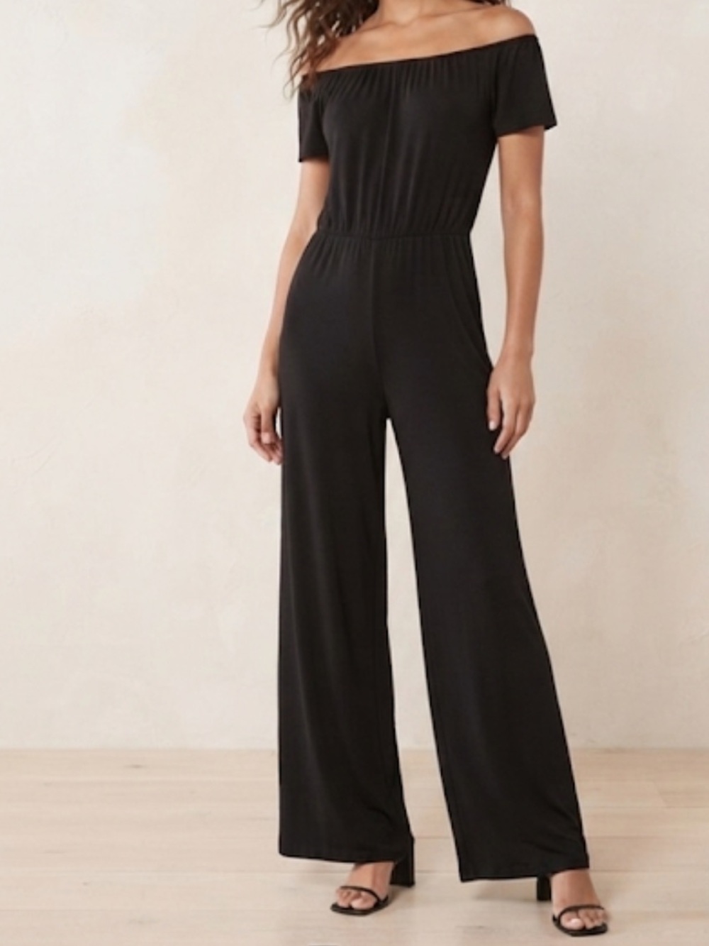 GIBSON Black Jumpsuit Stretch Jersey Knit Off The Shoulder Wide Leg XS